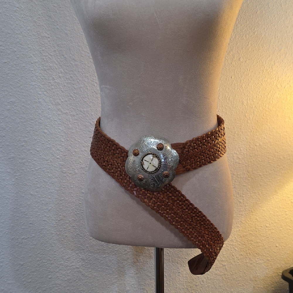 handmade Moroccan leather belt featuring a wide woven strap 45"L